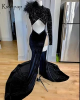 Long Prom Dresses 2022 Sexy African Girl Single Long Sleeve Sequin Top Cut-Out Waist Slit Black Mermaid Prom Dress