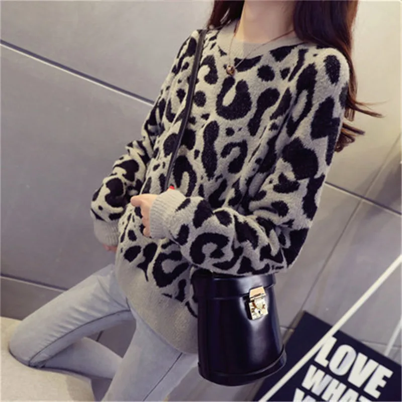 2022 Women Leopard Knitted Sweater Winter Animal Print Thick Jumper Long Sleeve Female Pullovers Ladies Casual tops | Женская одежда