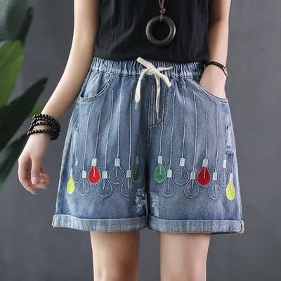 

Summer Denim Shorts Women Print Casual Washed Ripped Embroidery Vintage Elastic Waist Drawstring Female Loose Wild Jeans Fashion