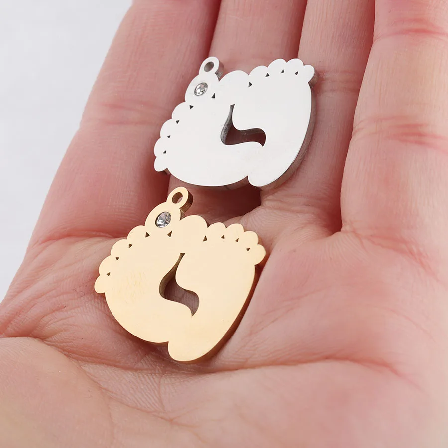 

Fnixtar Double Baby Feet Charm With White Rhinestone Mirror Polish Stainless Steel Handmade DIY Jewelry 25*26mm 20Piece/lot