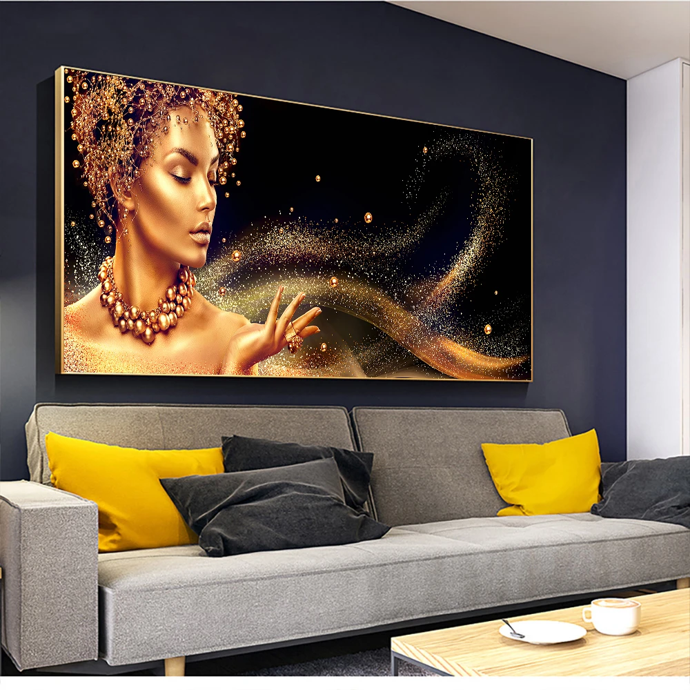 

1 Pieces Large Wall Art Pictures For Living Room Women Face With Golden Liquid Home Decor Posters HD Prints Canvas Paintings