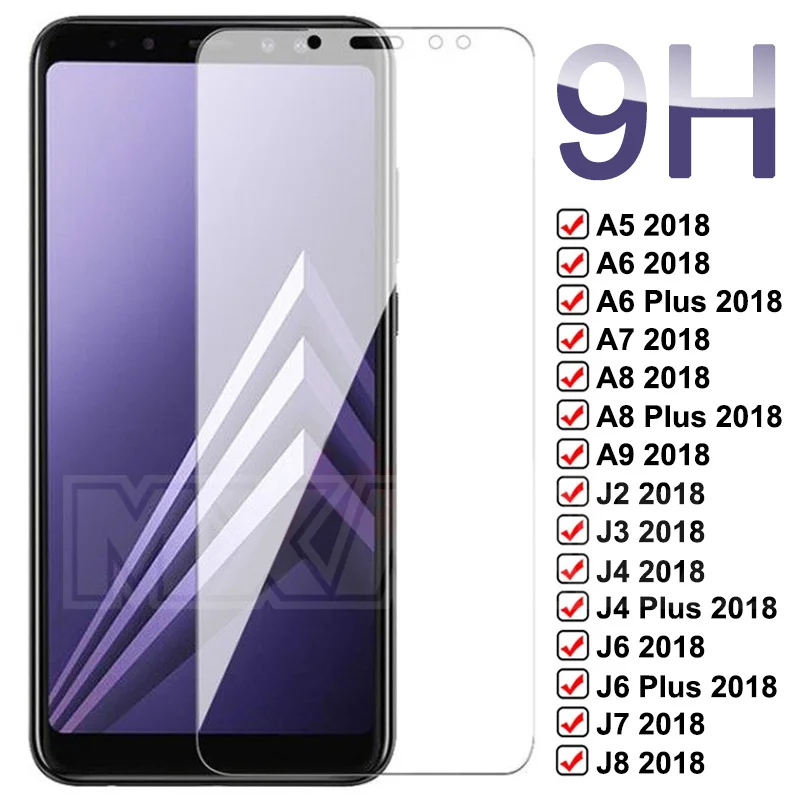 Защитное стекло 9H для Samsung Galaxy A6 A8 J4 J6 Plus A5 A7 A9 J2 J3 J7 J8 2018 закаленное A10 A30 A50 A70 пленка