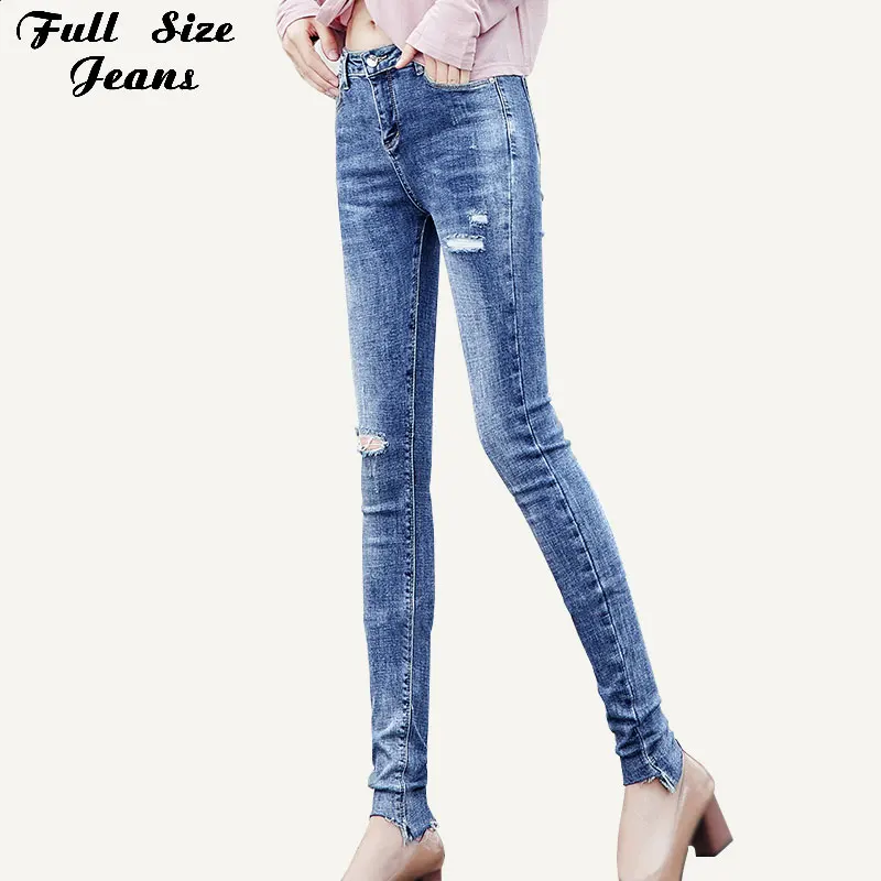 Размера плюс удлиненные дизайн отверстия зауженные джинсы Высокая талия