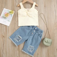 summer kids clothes girls sleeveless knitted crop tops ripped jeans toddler girls clothes outfits roupa infantil menina girl set