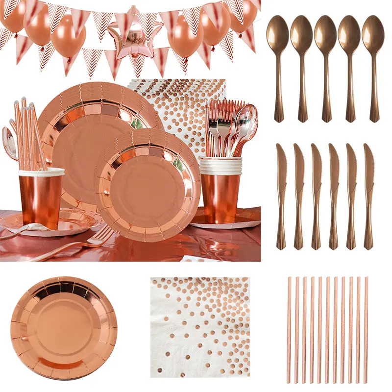 

Rose Gold Disposable Party Tableware Set Party Table Decoration Paper Cup Tableware Straw Wedding Anniversary Party Supplies