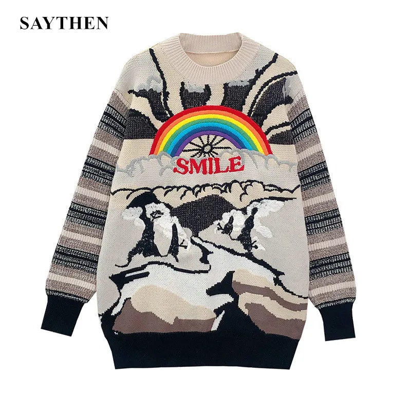 

SAYTHEN Women Winter Fashion Rainbow Striped Embroidered Letters Knitted Pullovers Loose Casual Streetwear Sweet CuteTops