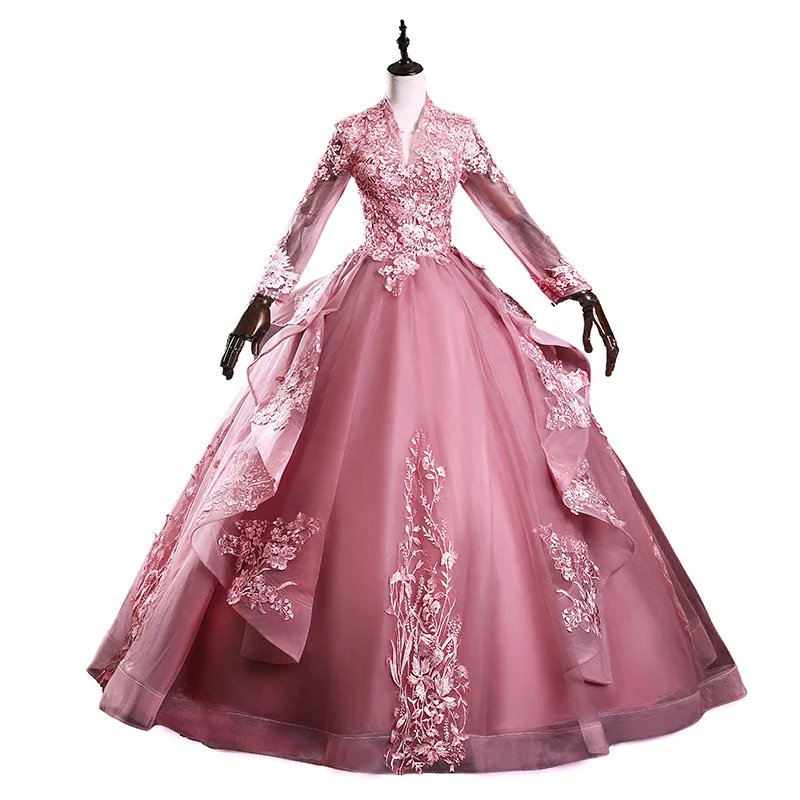 

Vestidos 2021 Noble V-neck Quinceanera Dresses Full Sleeve Formal Ball Gown Luxury Embroidery Party Prom Gown Vintage Slim Dress