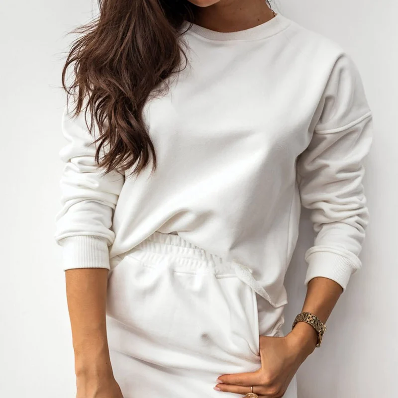 

Женский комплект из двух предметов, однотонная Повседневная Уличная одежда, свитшот с длинным рукавом и мини-юбка, женские комплекты, Осенн...