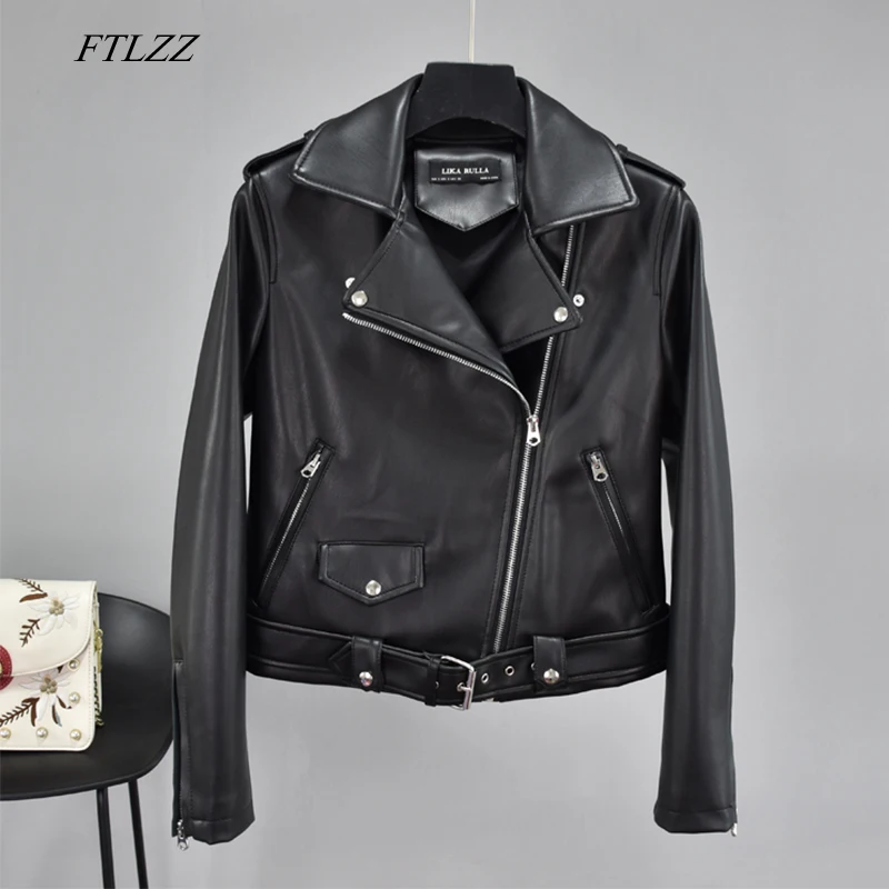 FTLZZ Женская Осенняя искусственная кожаная куртка с застежками-молниями базовое