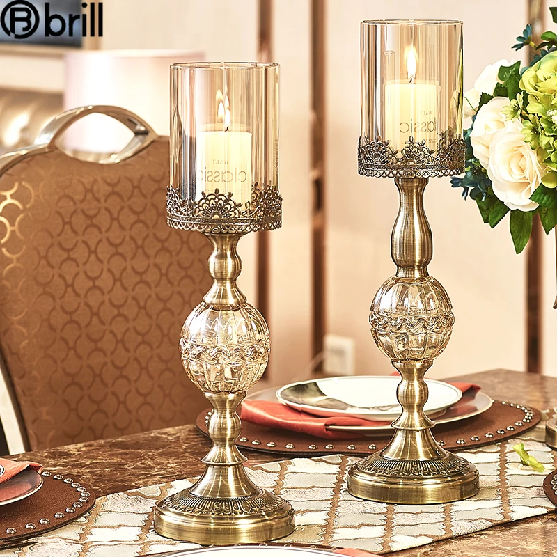 Bougeoir en cristal doré de luxe américain, support de Table en verre, pour salle de mariage, hôtel, chandelier en métal, décoration de Table à manger