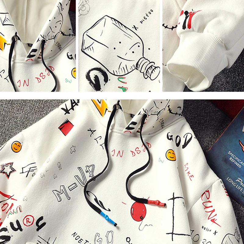 

ELKMU Hip Hop Streetwear Graffiti Print Sweatshirt Hoodies Mens Spring Autumn Sweatshirts Hooded Pullover Male Harajuku HM291