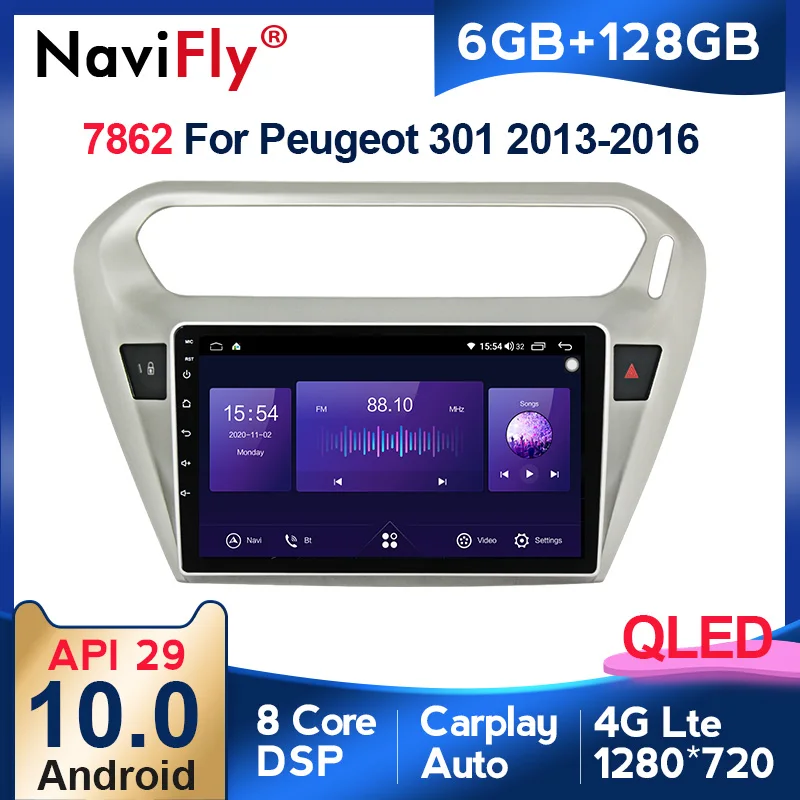 

NaviFly 6GB+128GB 8 Core QLED 1280*720 Carplay Android 10.0 Car Navigation GPS Radio Player For Peugeot 301 Citroen Elysee 2014