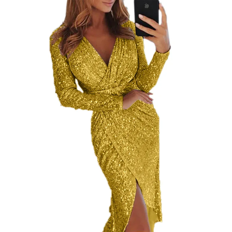 

2021 Summer Women's Dress Long Sleeve V-neck Sequined Evening Dress Luxurious Sexy Nightclub Dress Women Irregular Long Skirt