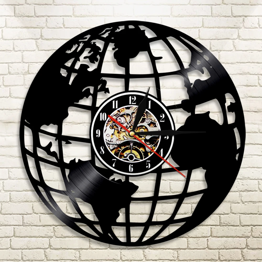 World Map Vinyl Record Wall Clock Globe Quiet Art Travel Around The Watch Modern Design Housewarming tourist Gift | Дом и сад
