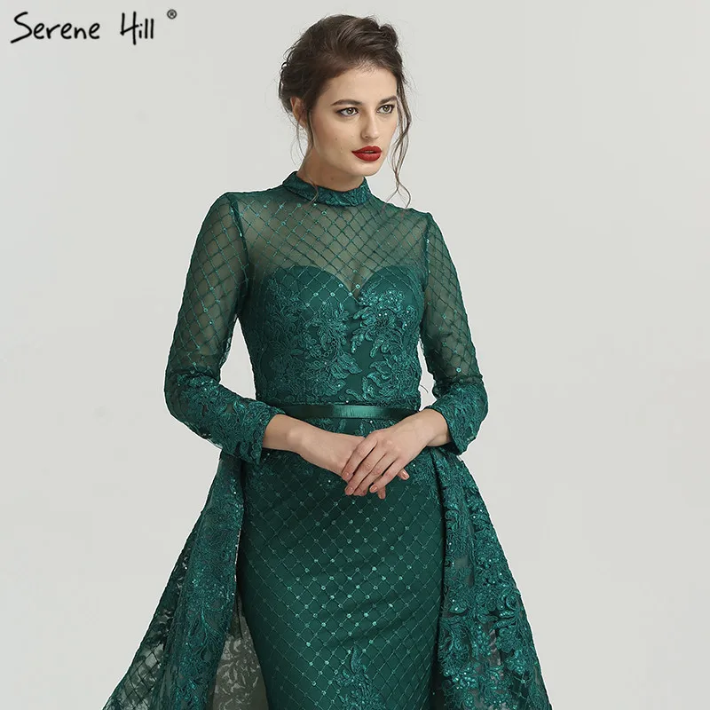 Зеленое с длинным рукавом и высоким воротником вечерние платья 2021 Аппликации