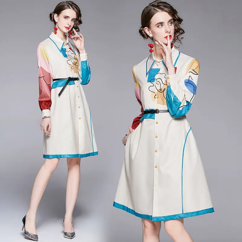 

Women Long Sleeve Work Lady Party Vestidos With Belt Autumn Elegant Button Up Aesthetic Painting Print Casual Shirt Dress 5659