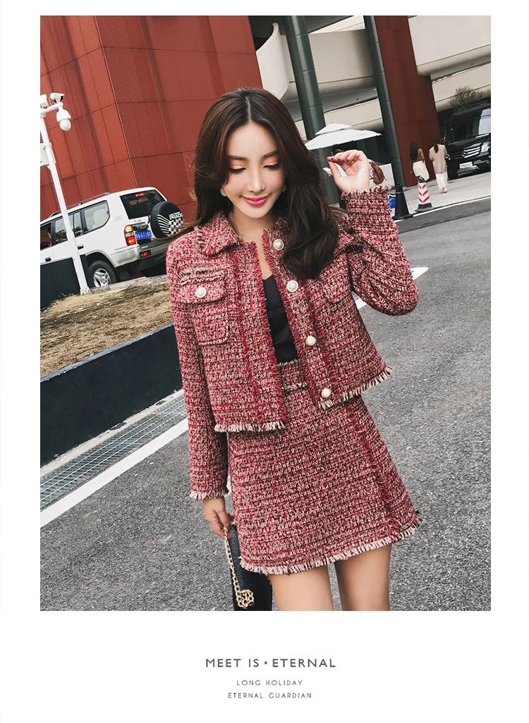 Women Skirt Sets Winter Europe Ladies Tassel Woolen Tweed Jacket+ Short Skirt Suits Elegant Two Piece Womens Clothing Sets