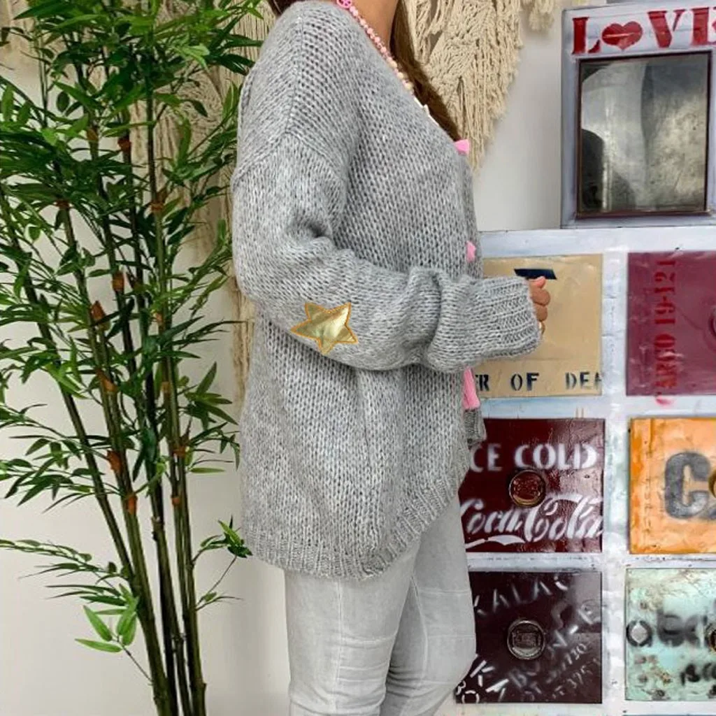 Женский свитер с принтом со звездами вязаный кардиган v образным вырезом