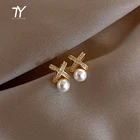 Серьги с жемчугом женские, классические металлические серьги с перекрестной буквой X в Корейском стиле, роскошные свадебные и вечерние ювелирные украшения для девушек, 2021