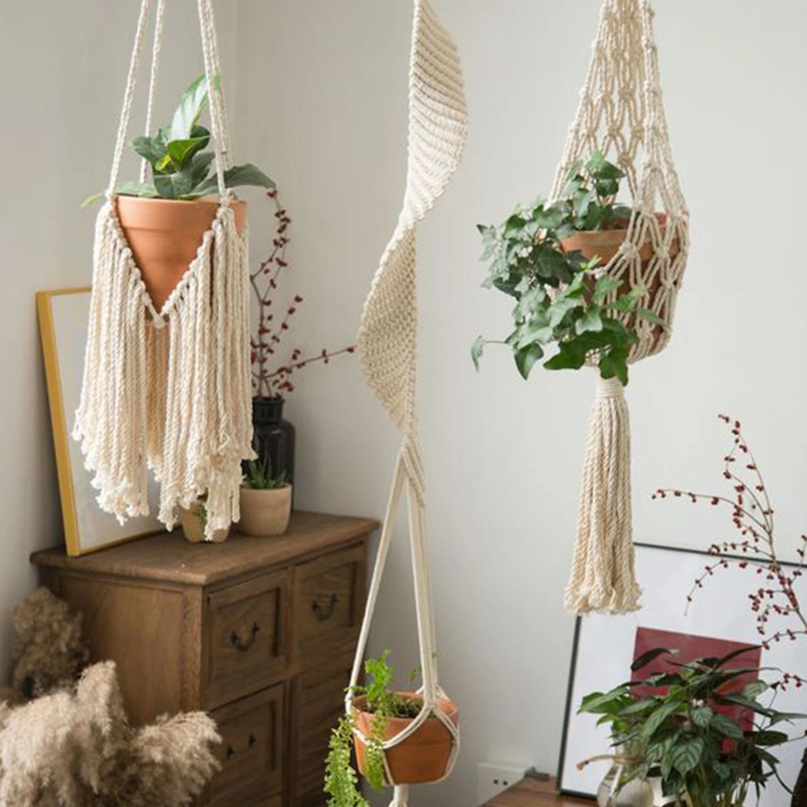 

Hand-woven Tapestry Flower Basket Nordic Style Wall Hanging Plant Holder Hanging Baskets Net Bag Home Living Room Decoration