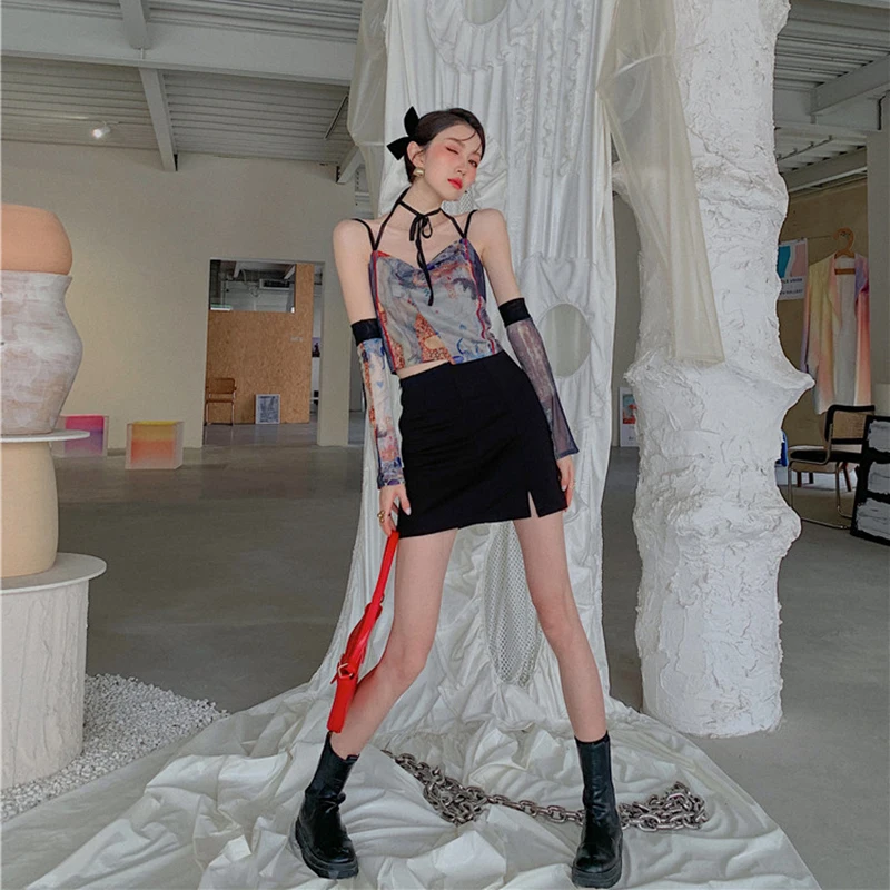 

XIZIHUPAN Korean Sexy Print Vests For Women V Neck Sleeveless Lace Up Mesh Short Party Camis Female 2021 Summer Fashion Clothing