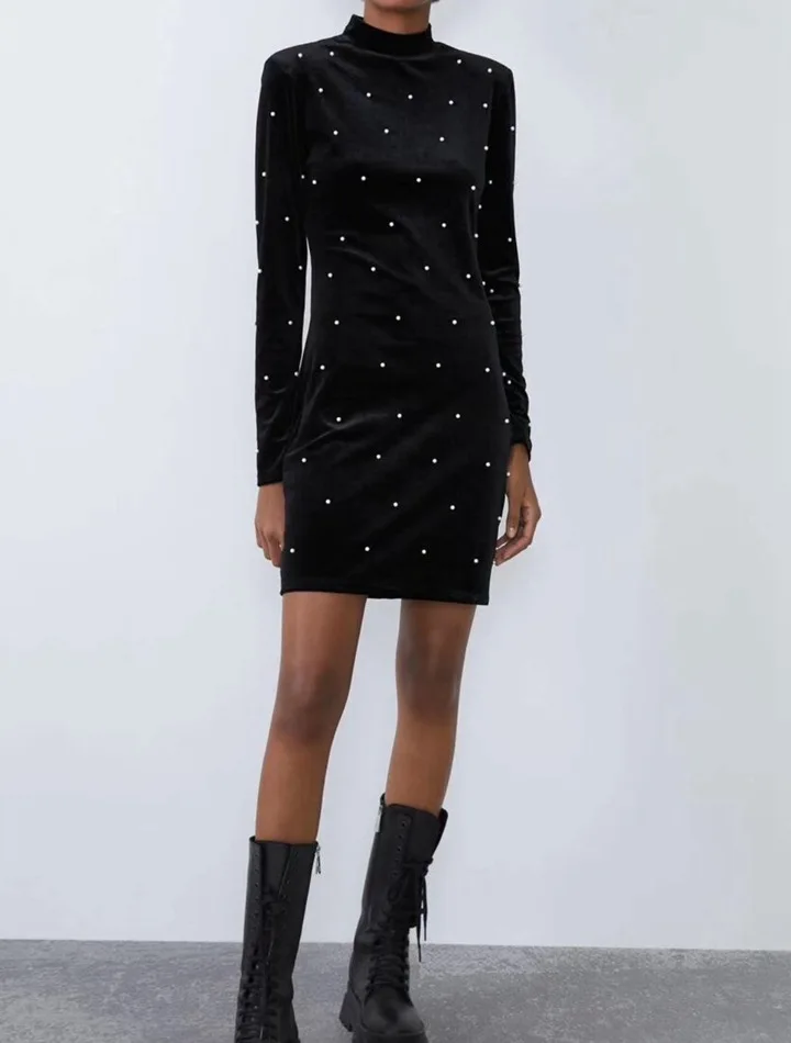 Женское модное Повседневное платье с жемчугом черное бисером и коротким длинным