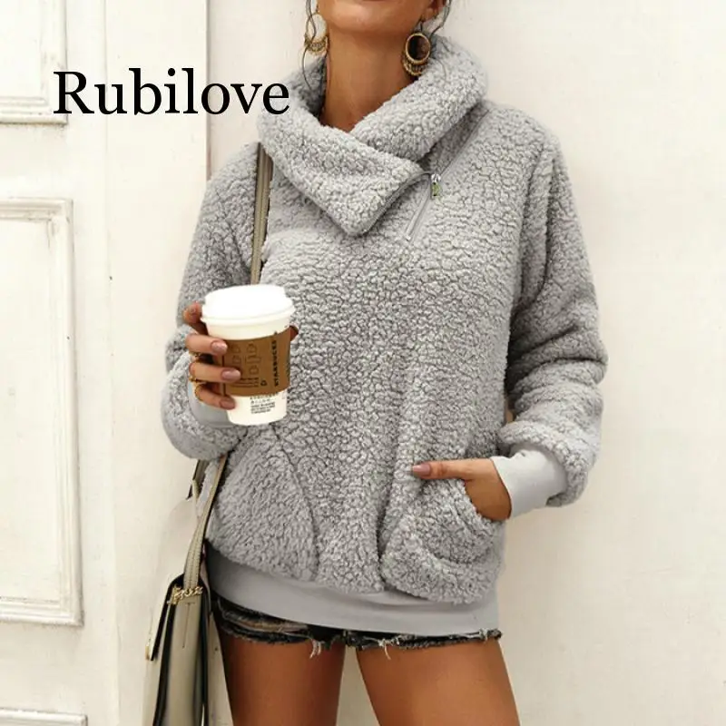 

Fleece Thick Oversized Sweater Women Scarf Collar Neck Knitted Faux Fur Casual Pullover Christmas Fluffy Sweater Jumper