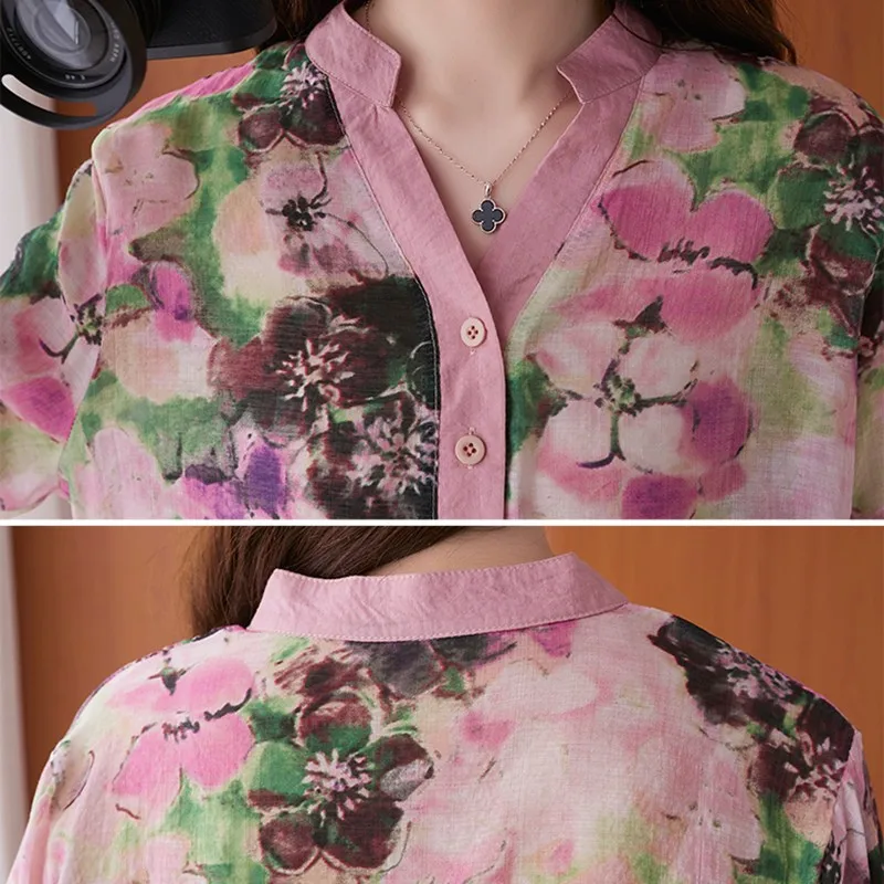 

Women Cotton Linen Casual T-shirts New Arrival 2021 Summer Vintage Style V-neck Floral Print Loose Female Tops Tees S4037