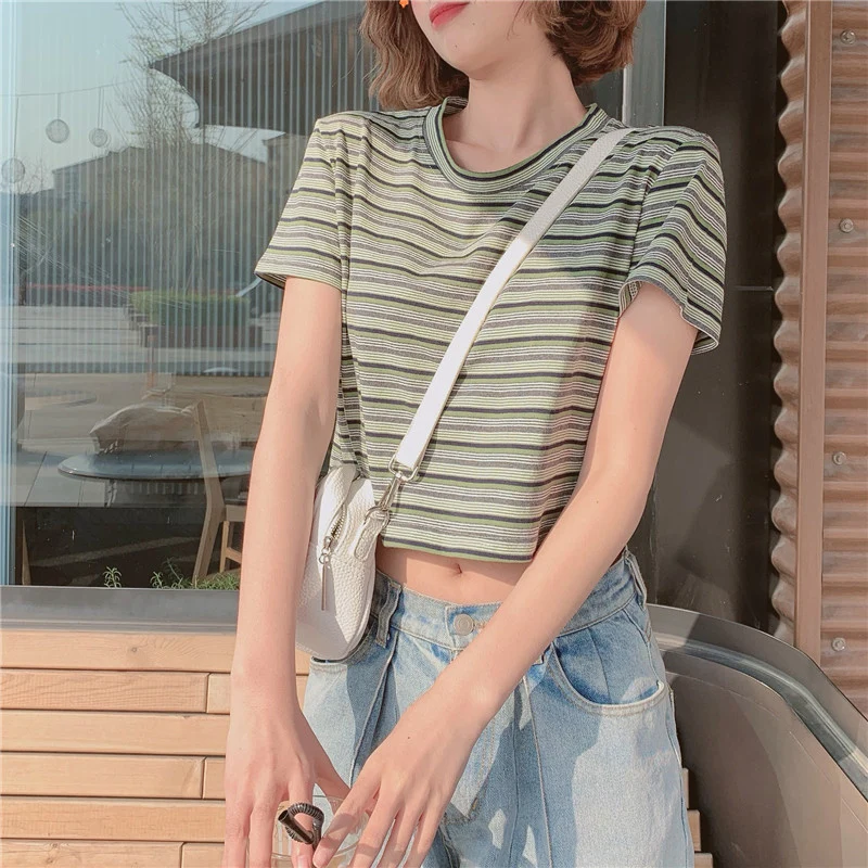 

Korean Style Striped Short Style Slimming Top Women's Short-Sleeved All-Match T-shirt Casual Western Style Bottoming Shirt 2021