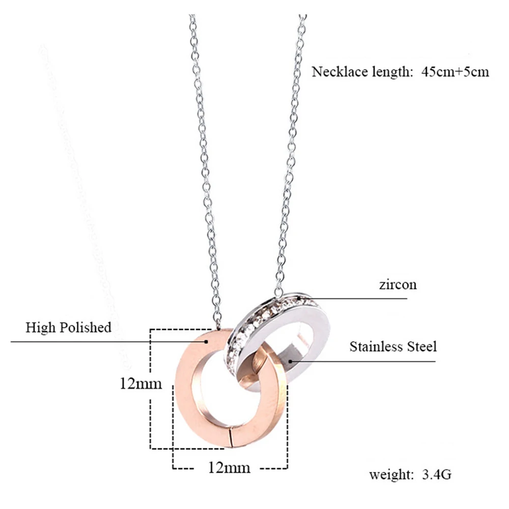 

Double Circle Necklace For Women CZ Zircon Stainless Steel Chain Rose Gold Color Luxury Round Choker Necklaces Jewelry Gift