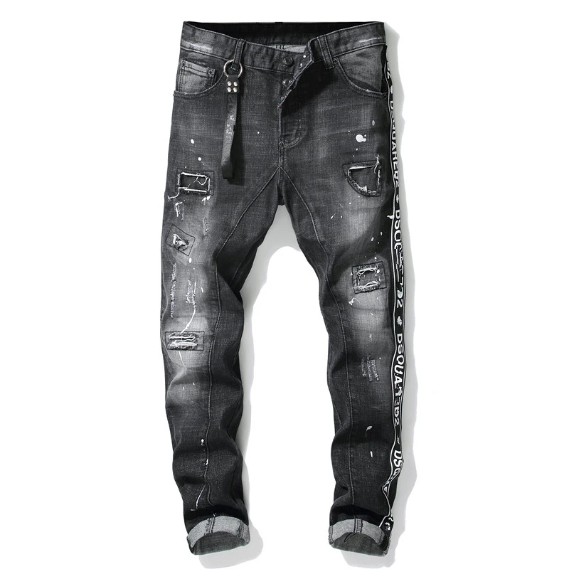Джинсы мужские рваные брюки стрейч с лентой модные джинсы уличная одежда