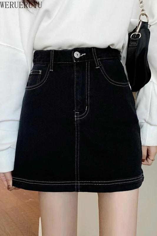 

WERUERUYU Sexy Women Denim Mini Skirt Fashion autumn High Waist Korean Black Skirt Package Hip Jeans Harajuku