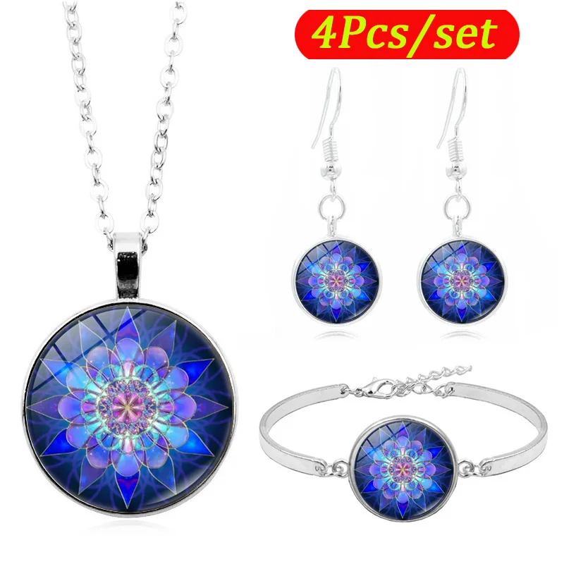 Синий с цветочным узором Мандала фото кабошоны разрисованные изделия из стекла