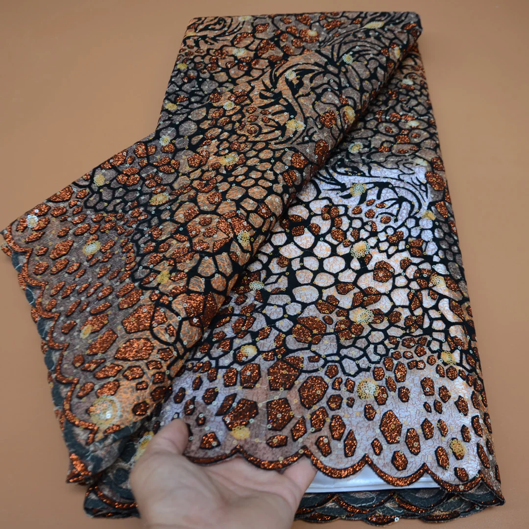 (5 ярдов/шт.) Новинка коричневая Золотая африканская сетчатая кружевная блестящая