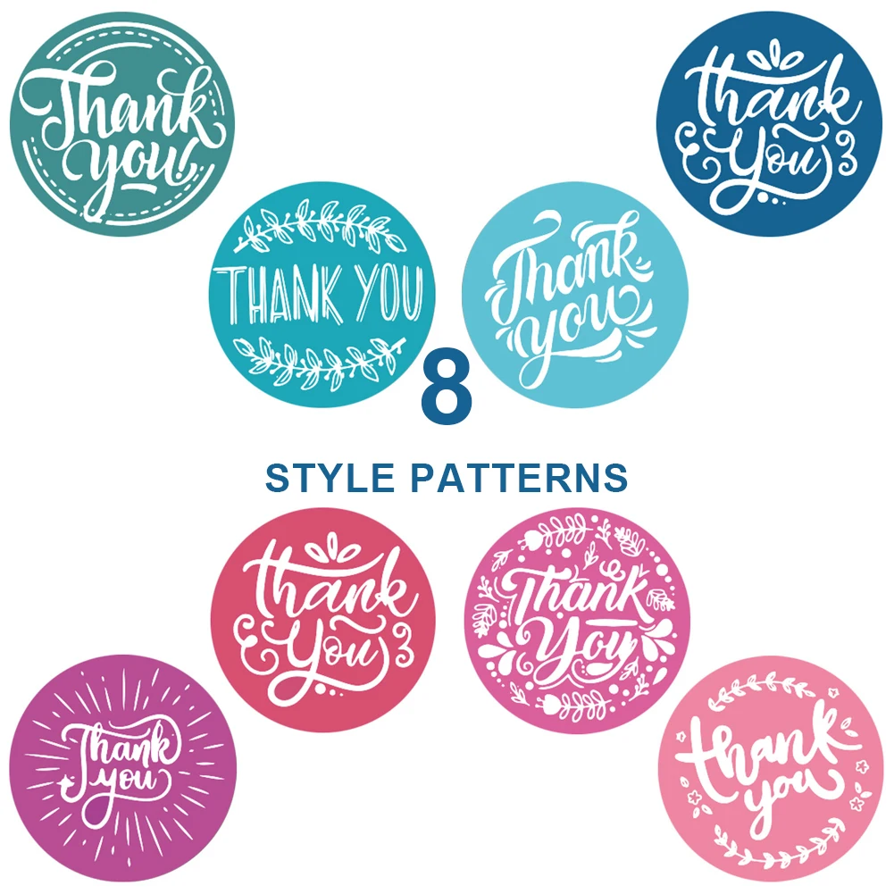 

One Inch Thank You Sticker / 8 Different Design 500 Stickers Per Roll Applicable To Gift Packaging