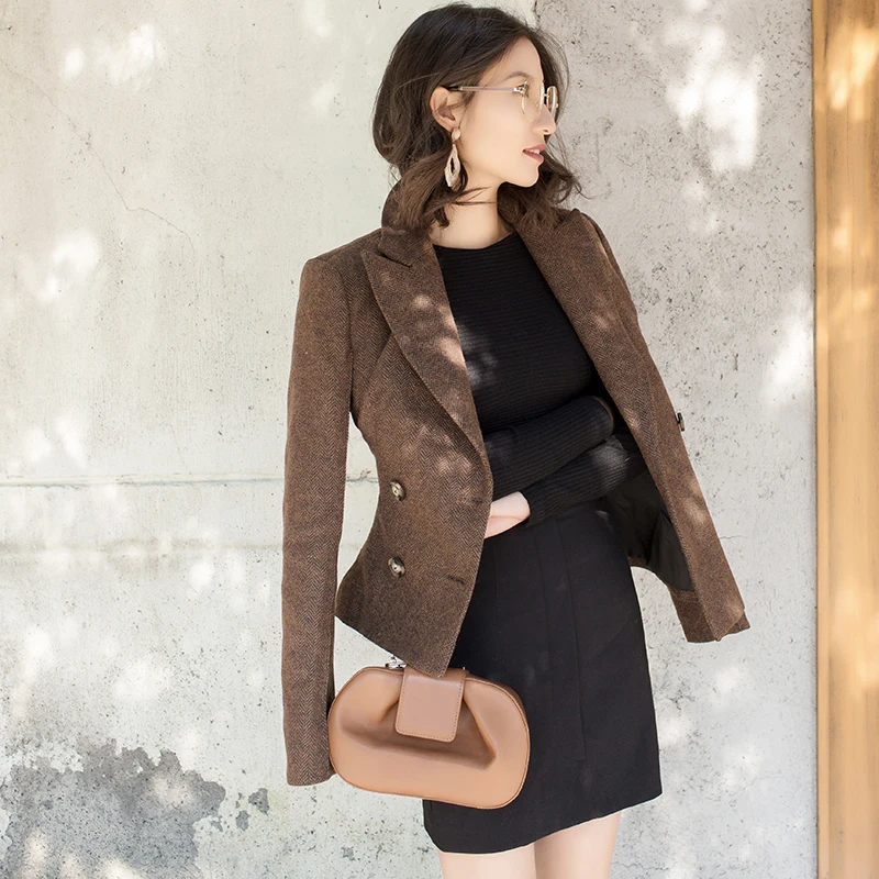 Женский офисный двубортный пиджак винтажная шерстяная приталенная короткая