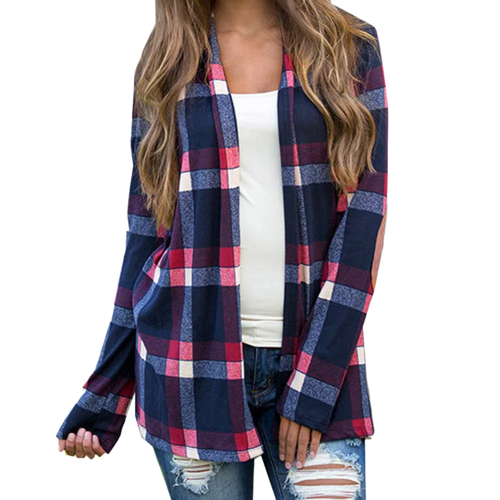 Модный женский кардиган клетчатый пуловер с длинными рукавами блузка открытая