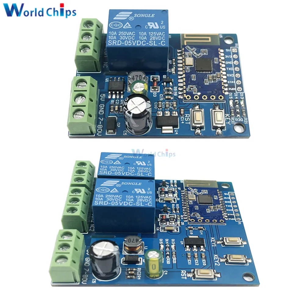 

DC7-80V 1 Way 2 Way DC Relay Module UART Interface IO Control Onboard for Bluetooth BLE5.0 Module with Diode Effusion Protection