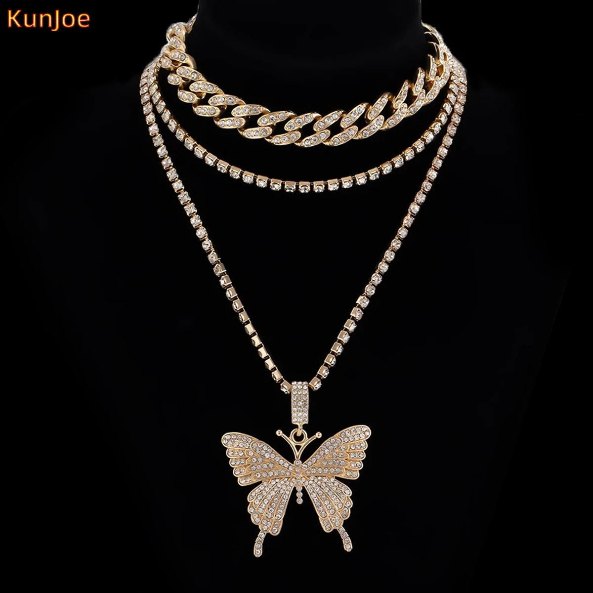 

KunJoe Vintage Butterfly Pendant Necklace Punk Cuban Chain Rhinestones Gold Color Choker Thick Necklace Women Fashion Jewellery
