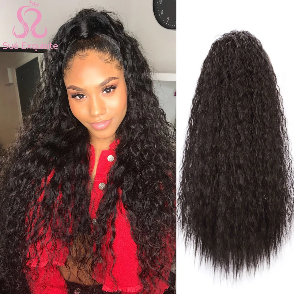Rabo de Cavalo Grampo de Cabelo Sintético em Extensões Requintado Encaracolado Longo Preto Natural Acessórios Hairpiece Fibra Alta Temperatura Sue