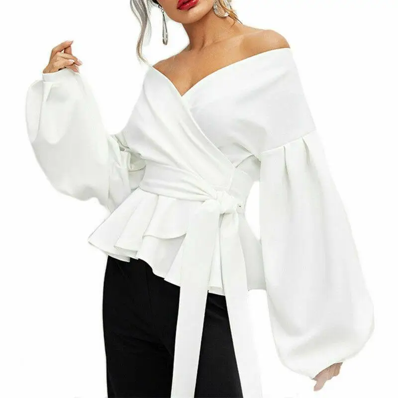 

ZN Women Blouse Sexy Cross Designs Long Puff Sleeve Solid Color Elegant Chic Lady Tops Party Blouse Women Casual T-Shirt