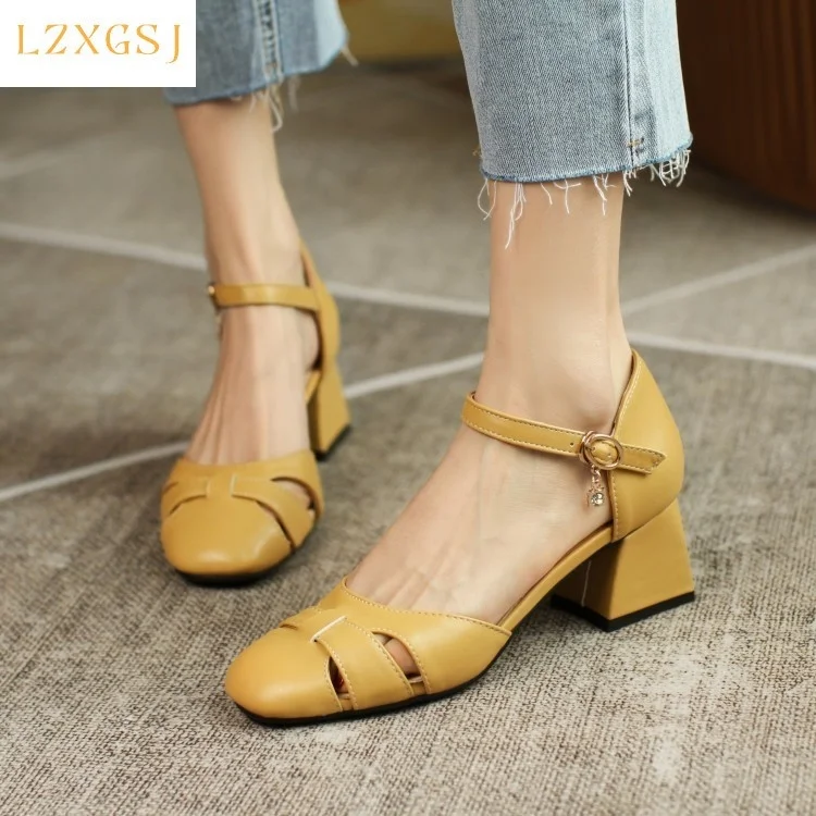 

Thick Heel Cover Modern Sandals 2021 New Leather Round Hollow Out One Tape Word Sandals Plus Size 43 Female Office Party Shoes