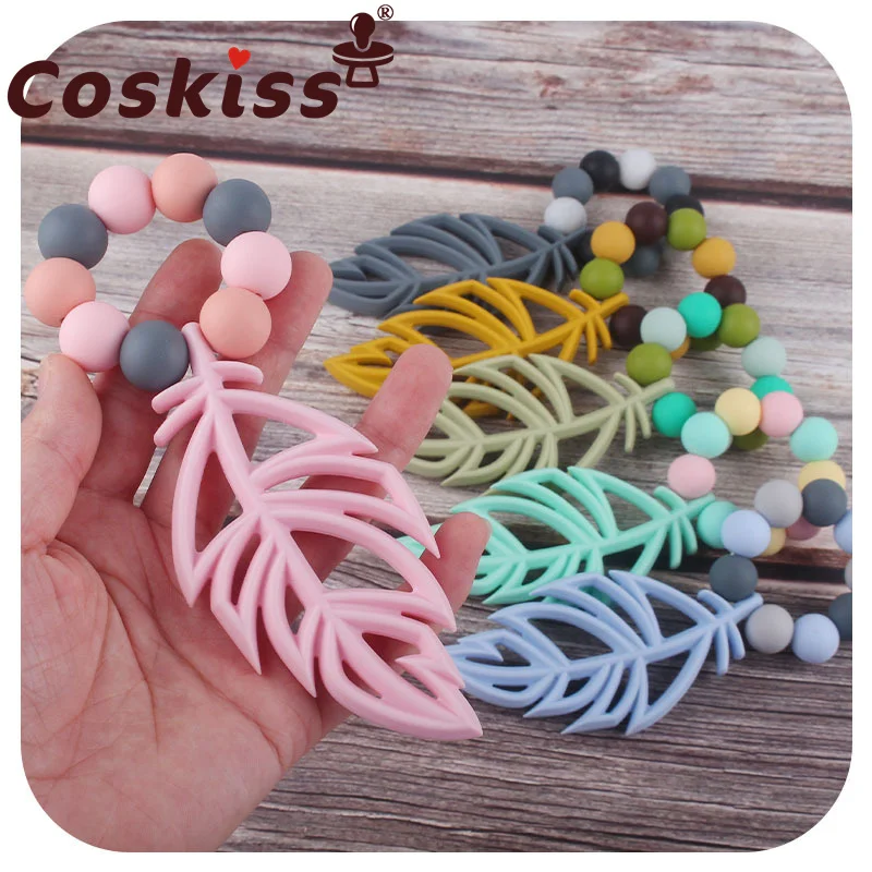 Coskiss-pulsera con colgante de hoja de silicona para reci&eacute;n nacido, brazalete con cuentas redondas de silicona de 15MM, para dentici&oacute;n de beb&eacute;-0