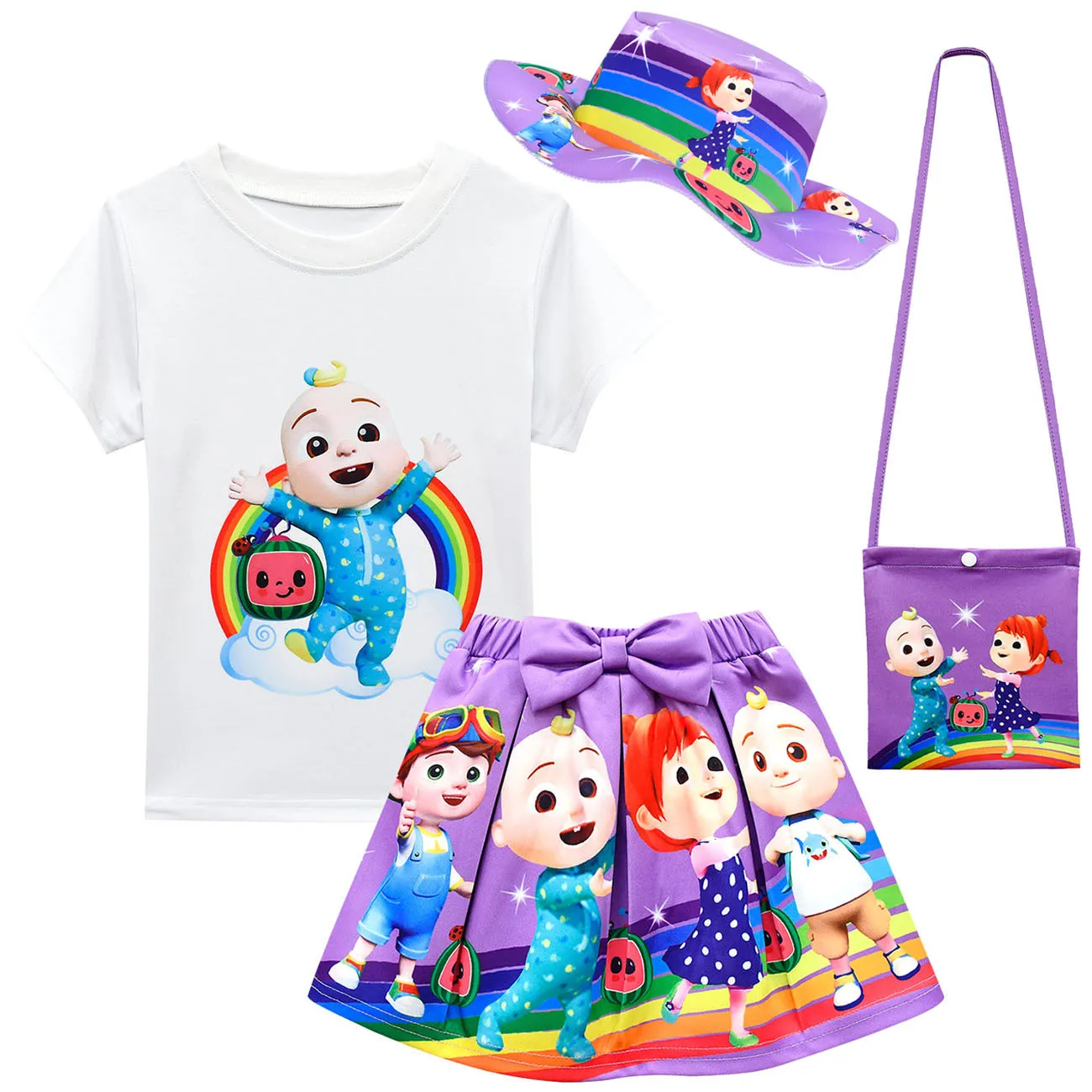 

2021 Summer Outfit Kids Cartoon Cocomelon T-shirt+ Skirts with Bag Hat 4pcs Suits Baby Girls Skirt Set Children's Clothing 2-10Y