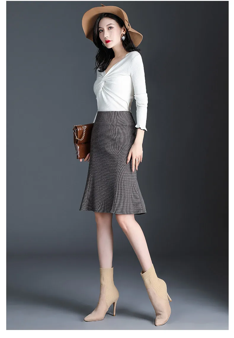 New Fall Winter Knit Skirt Women Gray Lattice High Waist Ruffle Mermaid Skirt S-3XL Plus Size Pencil Skirt Female