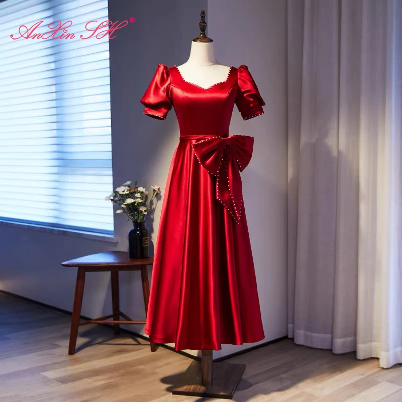 

AnXin SH princess wine red satin evening dress vintage sweetheart puff sleeve big bow beading pearls bride evening dress