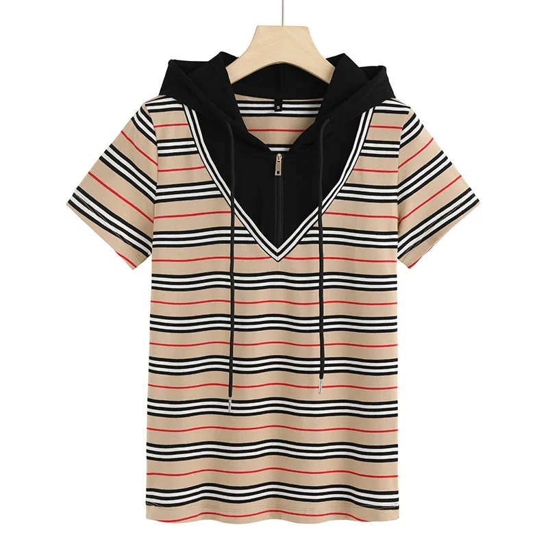 

Stripe control hooded fake two short sleeve T-shirt fashion niche design women's new versatile 6922