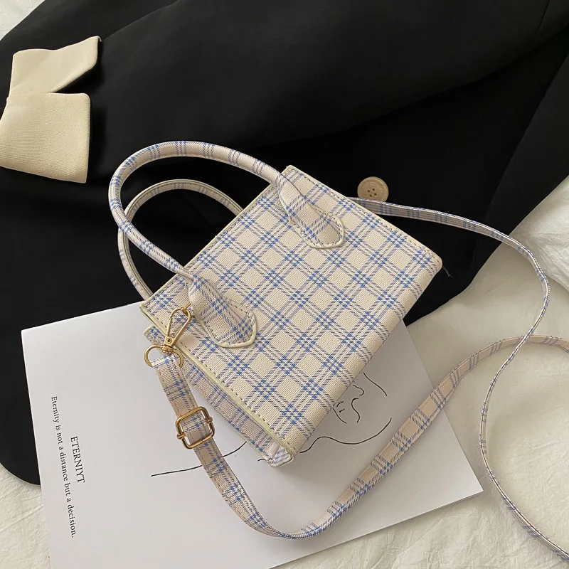 

INS Plaid Tote Bags for Women 2021 Soft PU Leather Handbag Female Shoulder Bags Ladies Small Square Crossbody Handbags Purses