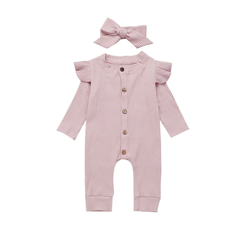 A Pink Комбинезон для малышей, зимняя одежда комбинезон с длинными рукавами и оборками для новорожденных девочек, хлопковая модная одежда для маленьких девочек+ повязка на голову, комплект из 2 предметов - Цвет: A Pink