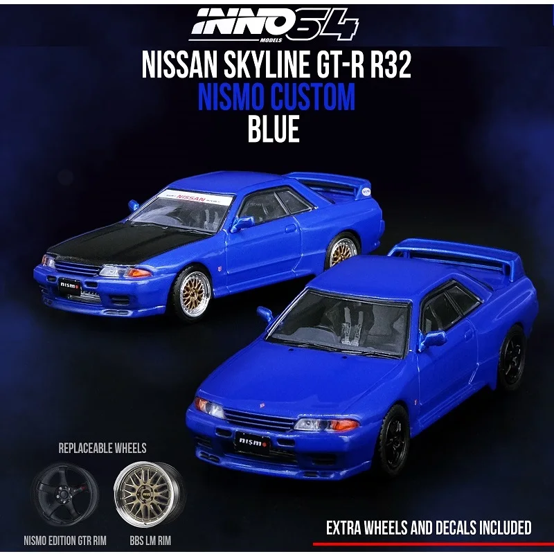 

Модель автомобиля INNO 1:64, модель NISSAN SKYLINE GT-R (R32), синяя, с дополнительными колесами и отличительными знаками